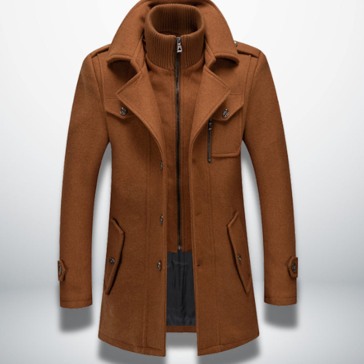 Herren Smart-Casual Wollmantel mit Knopfverschluss und Stehkragen-Innenjacke - Camel