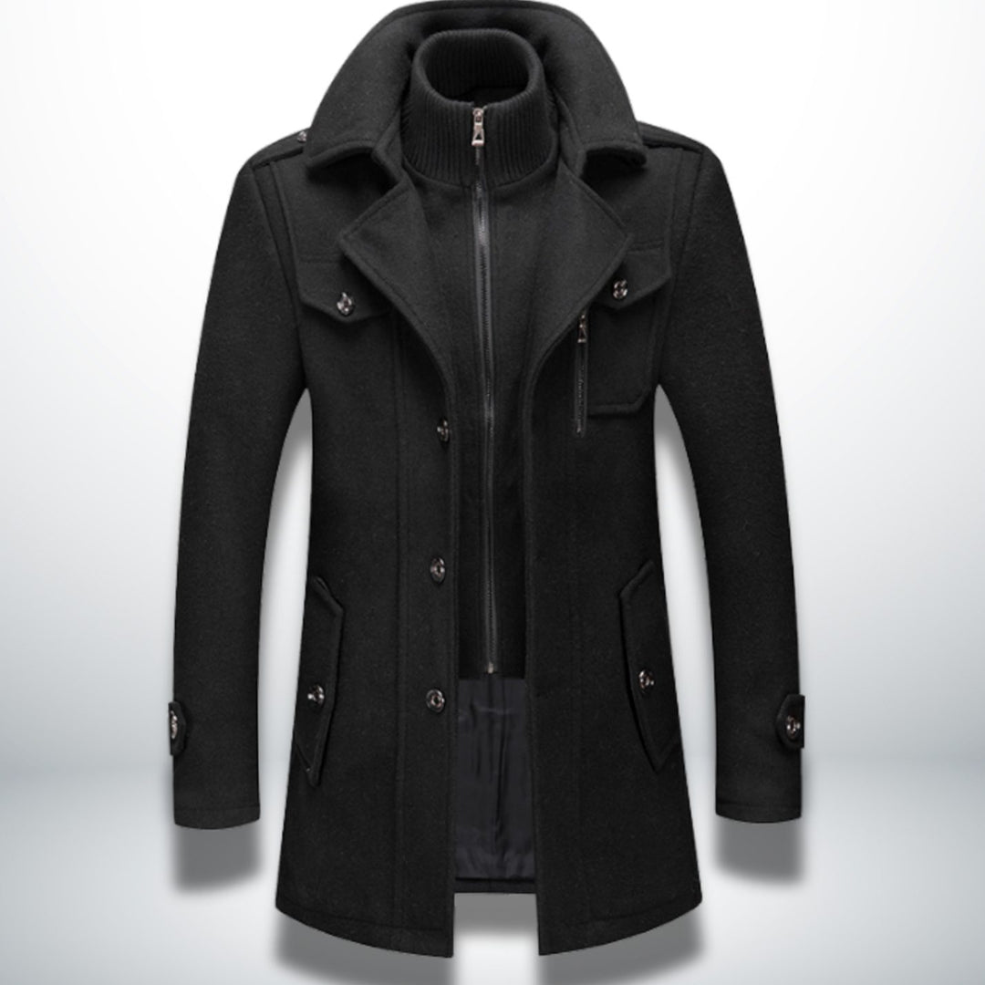 Herren Smart-Casual Wollmantel mit Knopfverschluss und Stehkragen-Innenjacke - Schwarz