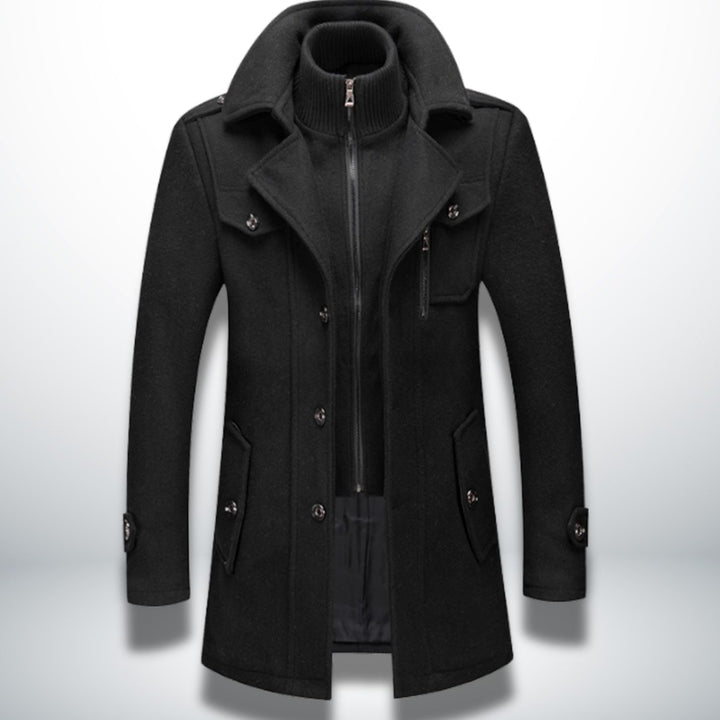 Herren Smart-Casual Wollmantel mit Knopfverschluss und Stehkragen-Innenjacke - Schwarz
