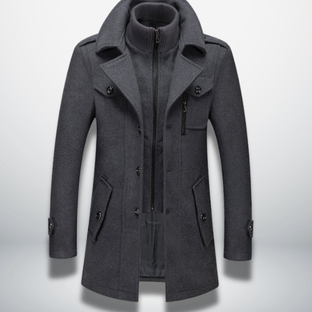 Herren Smart-Casual Wollmantel mit Knopfverschluss und Stehkragen-Innenjacke - Grau