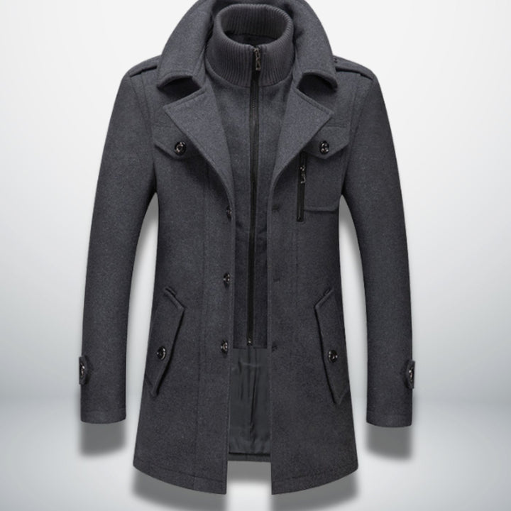 Herren Smart-Casual Wollmantel mit Knopfverschluss und Stehkragen-Innenjacke - Grau