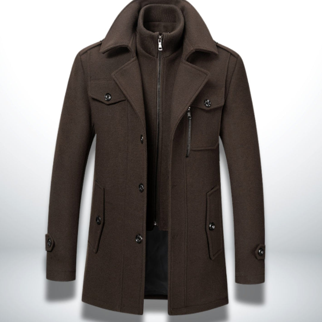 Herren Smart-Casual Wollmantel mit Knopfverschluss und Stehkragen-Innenjacke - Braun