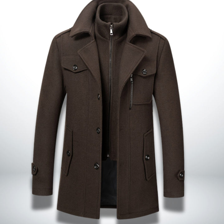 Herren Smart-Casual Wollmantel mit Knopfverschluss und Stehkragen-Innenjacke - Braun