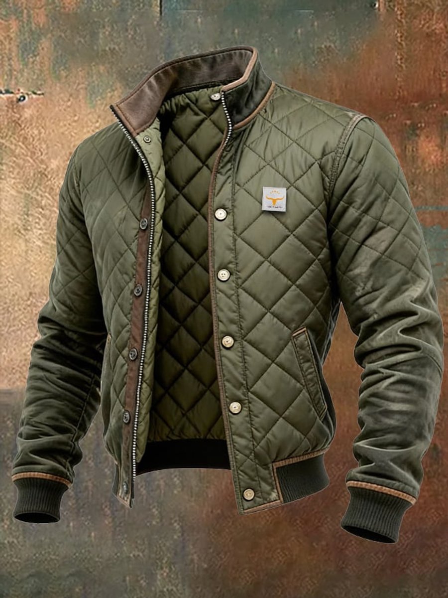 Herren Steppjacke Wattierte Mens Quilted Jacket Bomberjacke Stehkragen - Grün