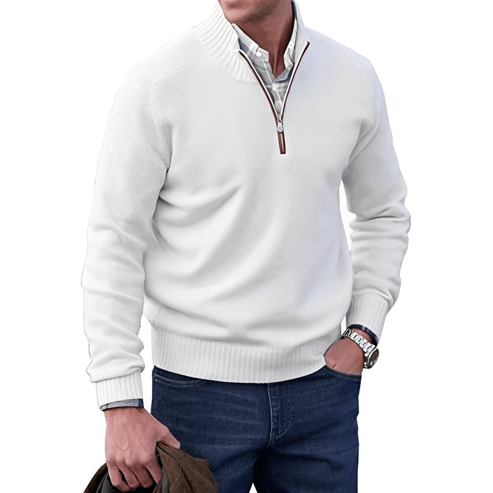 Herren Strick-Sweater Regular Fit Langarm Viertelreißverschluss - Weiß