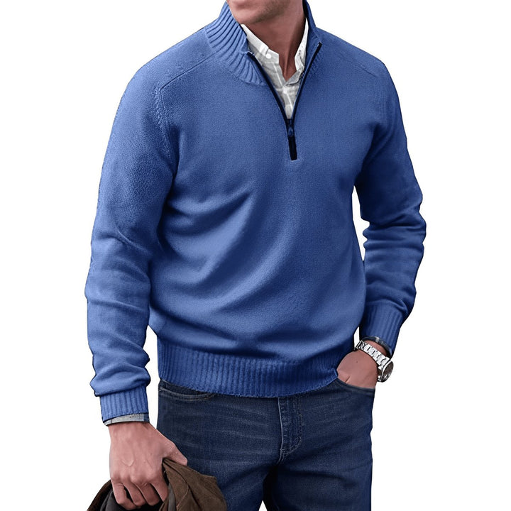 Herren Strick-Sweater Regular Fit Langarm Viertelreißverschluss - Blau