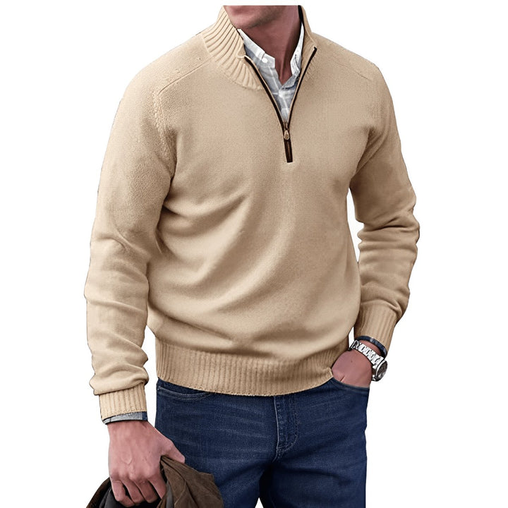 Herren Strick-Sweater Regular Fit Langarm Viertelreißverschluss - Braun
