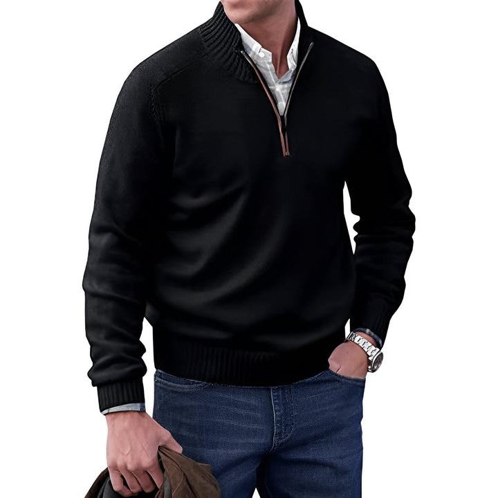 Herren Strick-Sweater Regular Fit Langarm Viertelreißverschluss - Schwarz