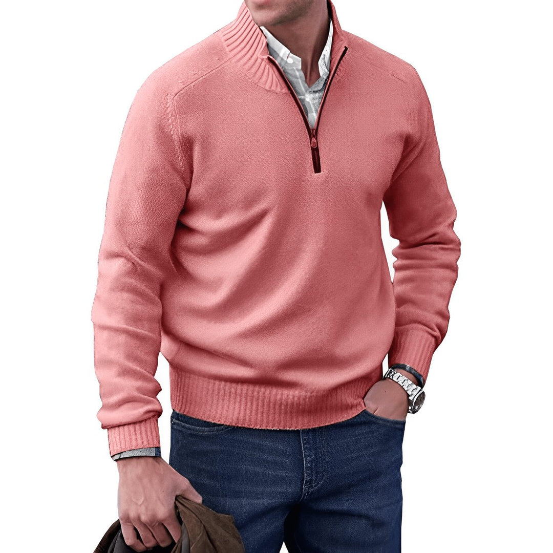 Herren Strick-Sweater Regular Fit Langarm Viertelreißverschluss - Rosa