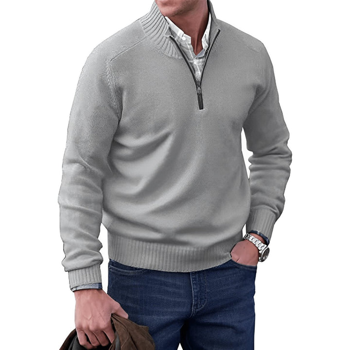 Herren Strick-Sweater Regular Fit Langarm Viertelreißverschluss - Hellgrau