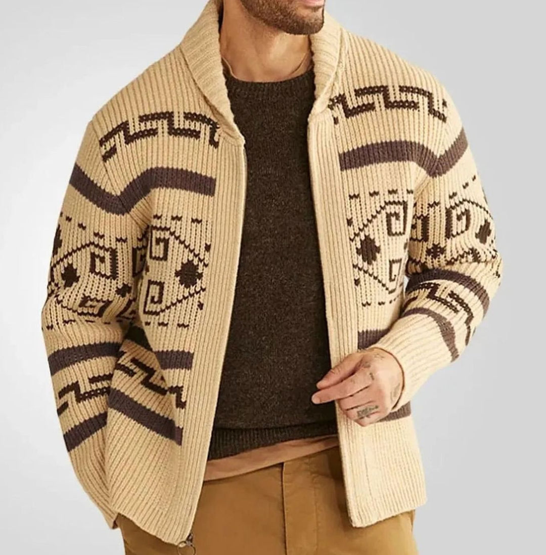 Herren Strickjacke mit Muster Reißverschluss Ethno-Jacquard Cardigan - Khaki