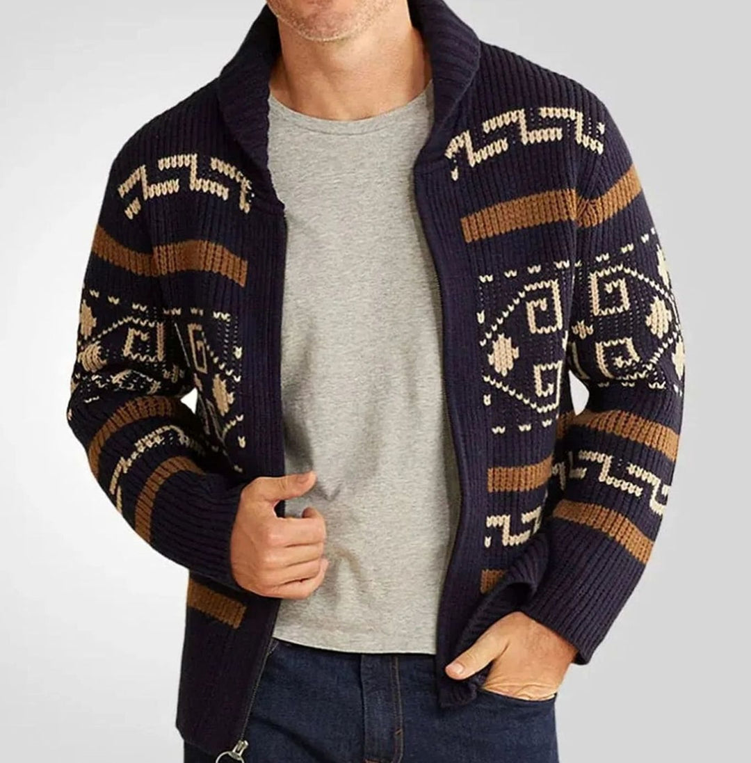 Herren Strickjacke mit Muster Reißverschluss Ethno-Jacquard Cardigan - Marineblau