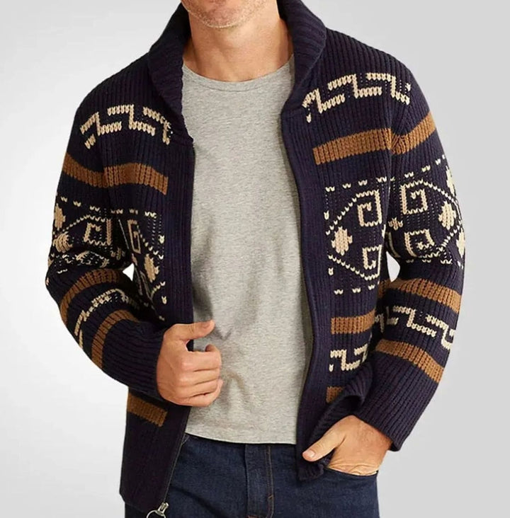 Herren Strickjacke mit Muster Reißverschluss Ethno-Jacquard Cardigan - Marineblau