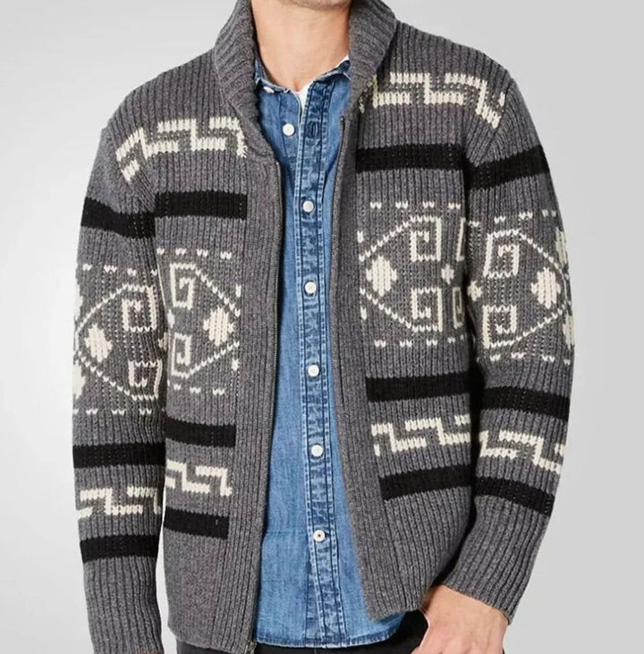 Herren Strickjacke mit Muster Reißverschluss Ethno-Jacquard Cardigan - Grau