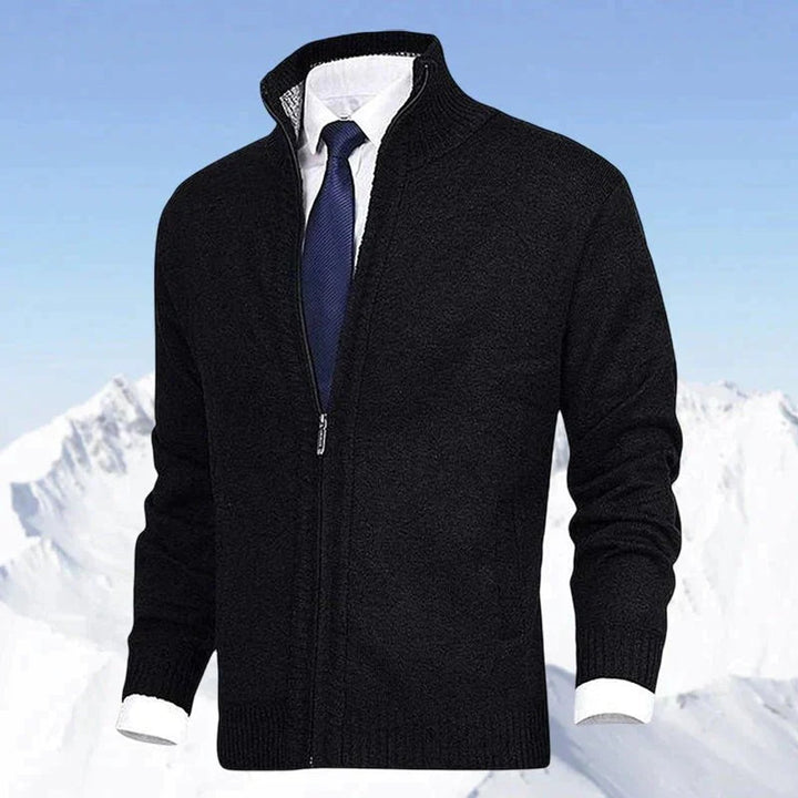 Herren Strickjacke Reißverschluss Stehkragen Mens Cardigan - Schwarz