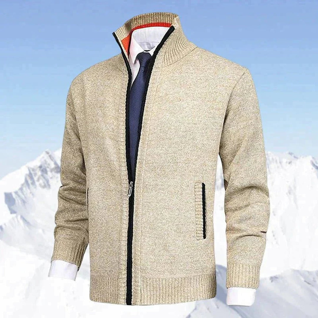 Herren Strickjacke Reißverschluss Stehkragen Mens Cardigan - Beige