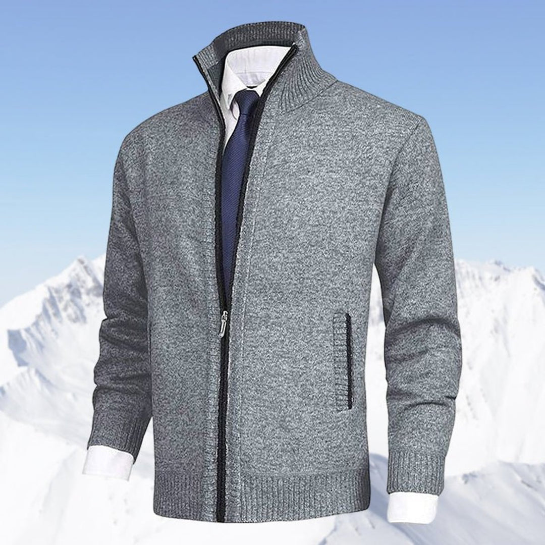 Herren Strickjacke Reißverschluss Stehkragen Mens Cardigan - Hellgrau