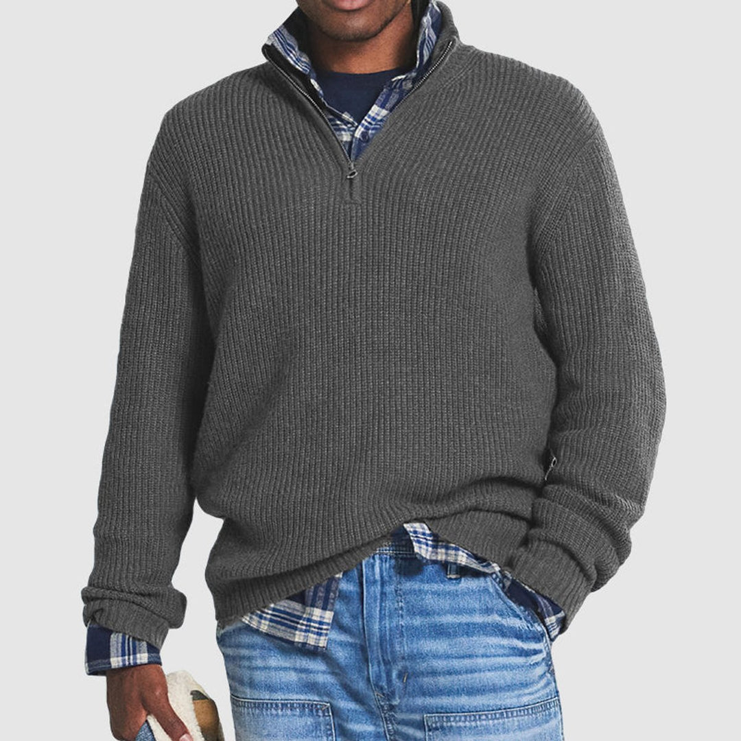 Herren Strickpullover Grobstrick Viertelreißverschluss Pullover - Grau