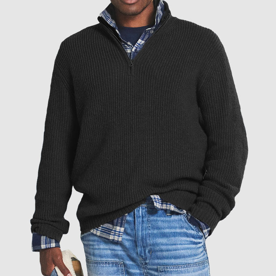 Herren Strickpullover Grobstrick Viertelreißverschluss Pullover - Schwarz
