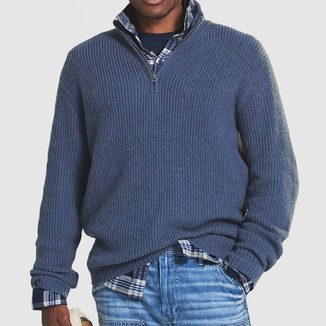 Herren Strickpullover Grobstrick Viertelreißverschluss Pullover - Blau