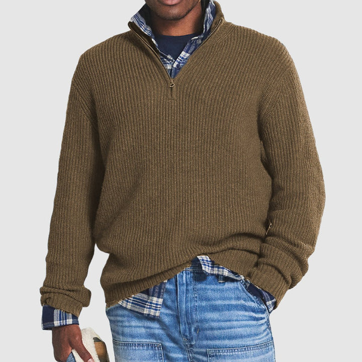 Herren Strickpullover Grobstrick Viertelreißverschluss Pullover - Braun
