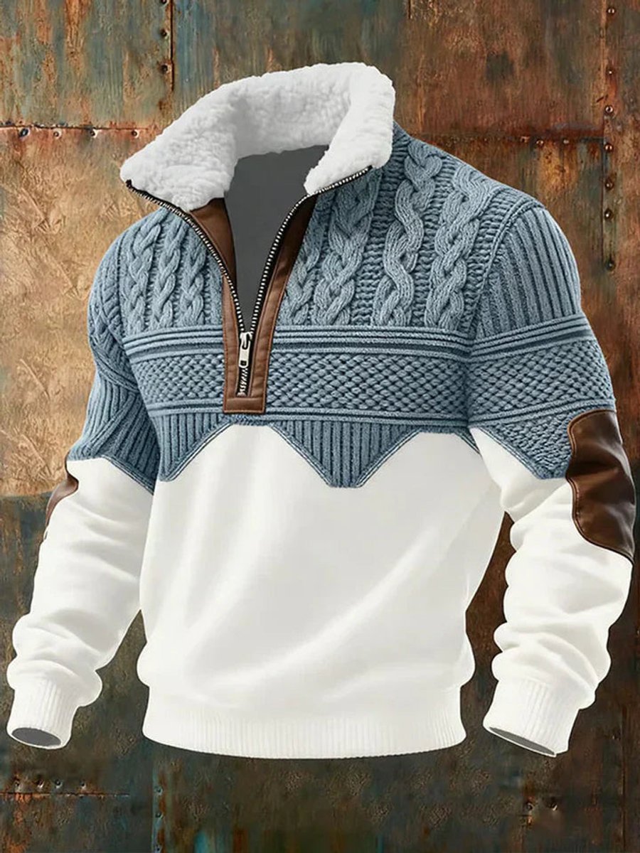 Herren Strickpullover Halb-Reißverschluss Fleecekragen Colorblock