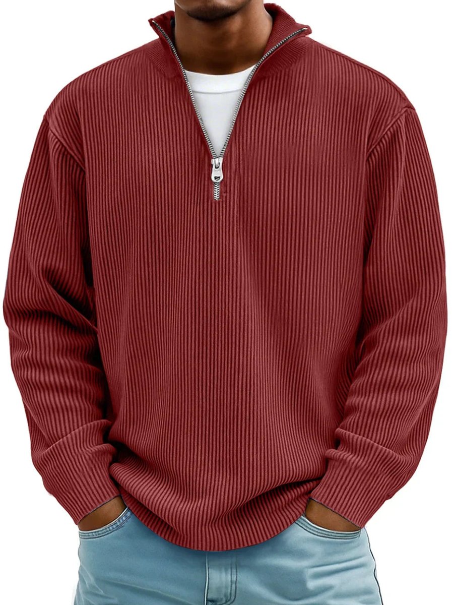 Herren Strickpullover Halbzip Gerippter Langarm Sweater - Rot