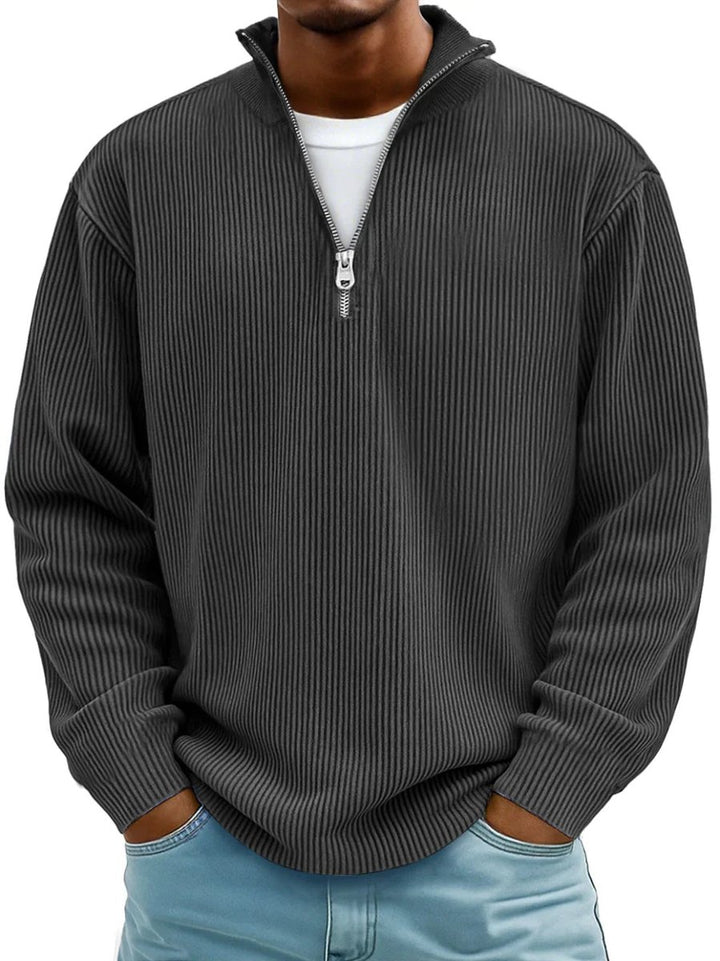 Herren Strickpullover Halbzip Gerippter Langarm Sweater - Schwarz