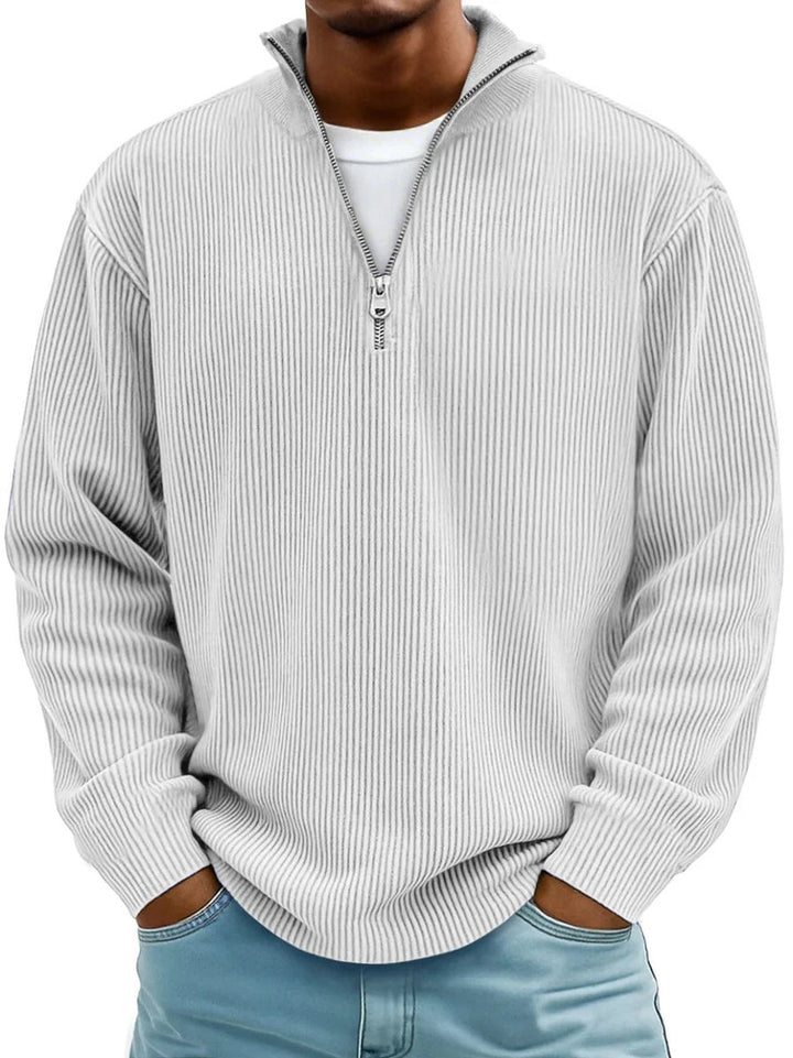 Herren Strickpullover Halbzip Gerippter Langarm Sweater - Weiß