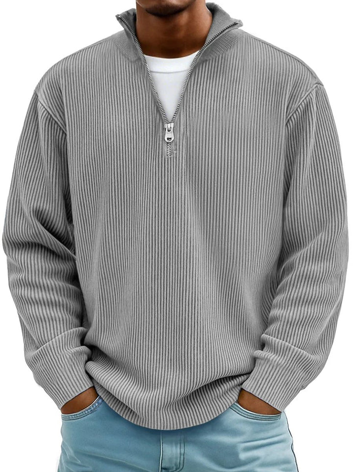 Herren Strickpullover Halbzip Gerippter Langarm Sweater - Grau