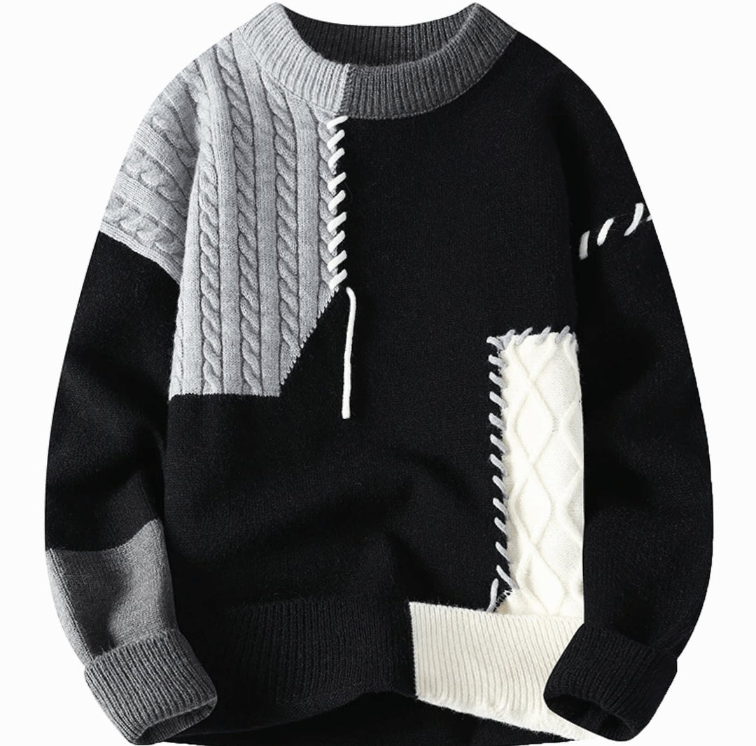 Herren Strickpullover mit Patch-Design Colorblock Rundhals - Schwarz