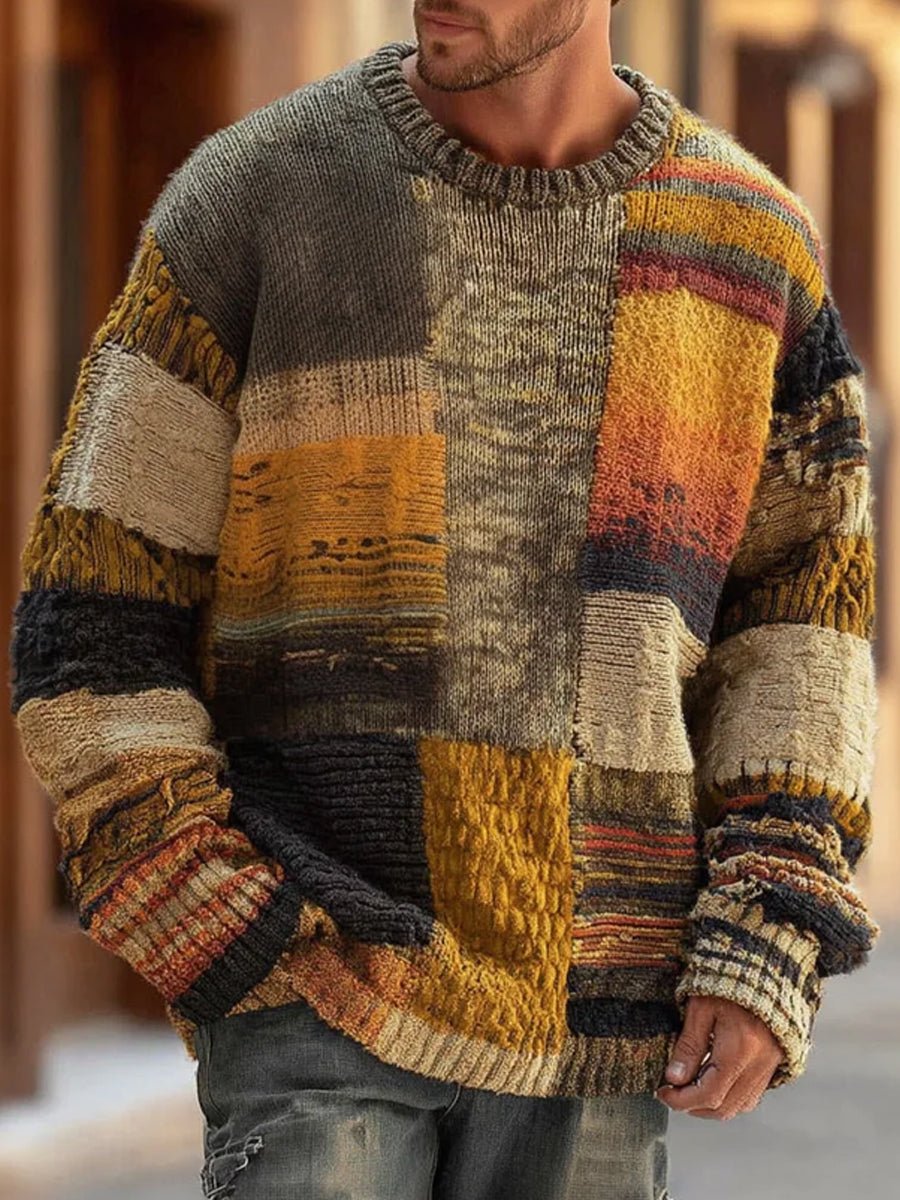 Herren Strickpullover Patchwork Rundhals Langarm Grobstrick - Abstrakt