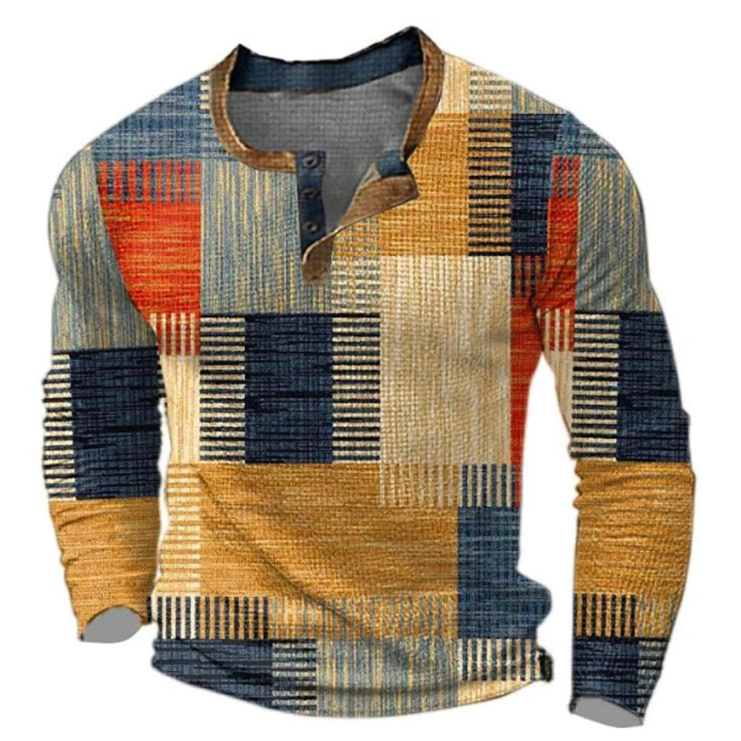 Herren Strickpullover Retro Karomuster Langarm Henley Sweater - Orange