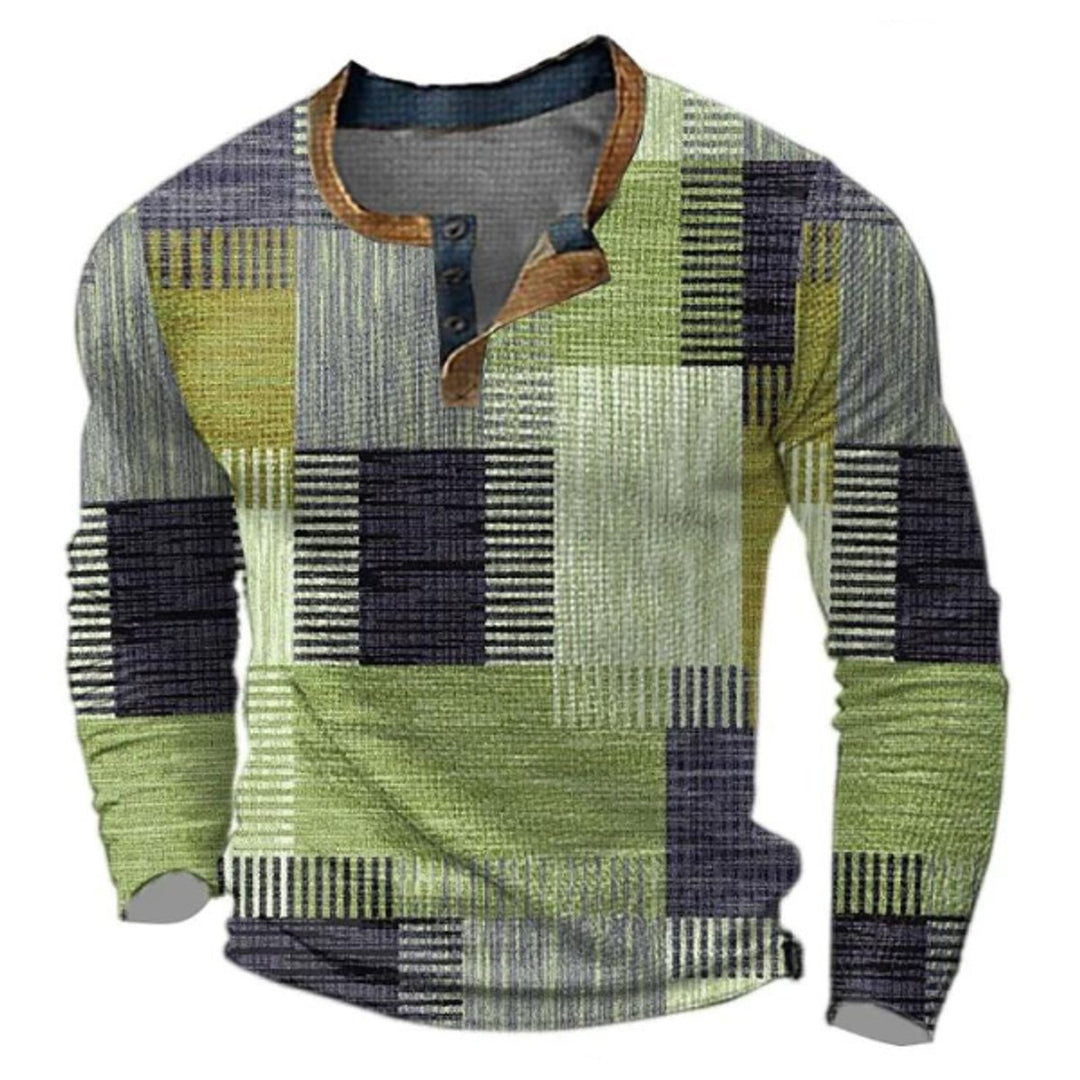 Herren Strickpullover Retro Karomuster Langarm Henley Sweater - Grün