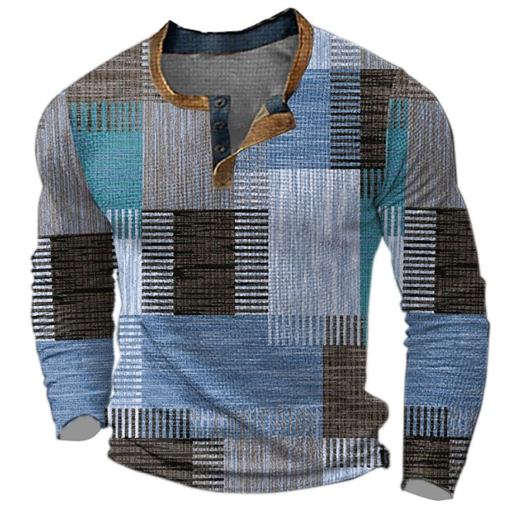 Herren Strickpullover Retro Karomuster Langarm Henley Sweater - Blau