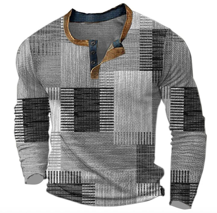 Herren Strickpullover Retro Karomuster Langarm Henley Sweater - Grau