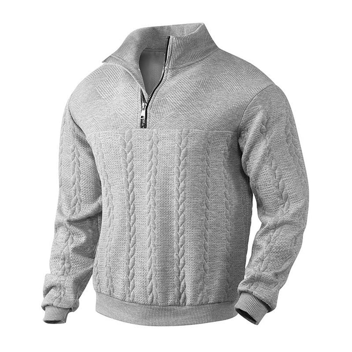 Herren Strickpullover Zopfmuster Viertelreißverschluss Pullover - Grau marmoriert
