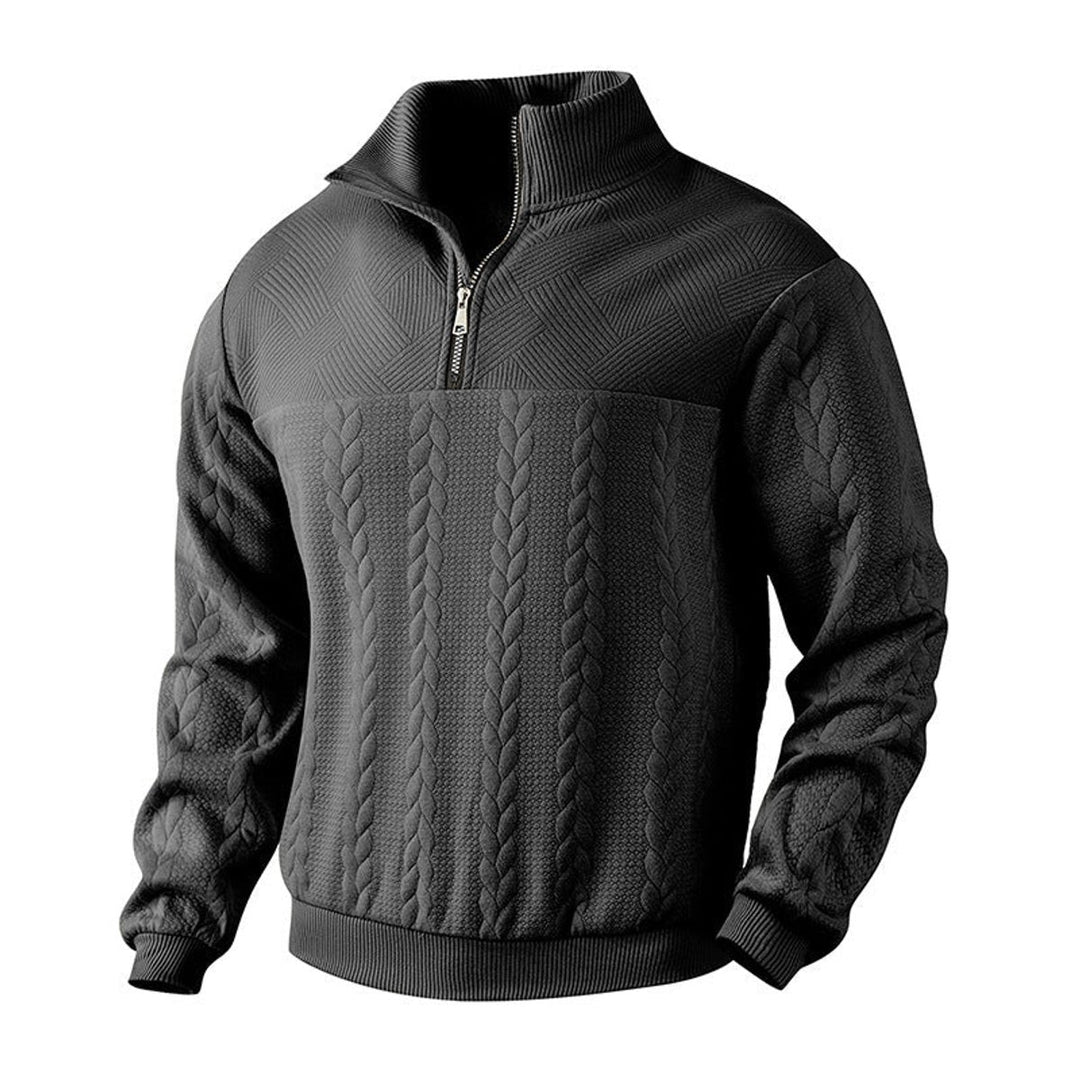 Herren Strickpullover Zopfmuster Viertelreißverschluss Pullover - Schwarz