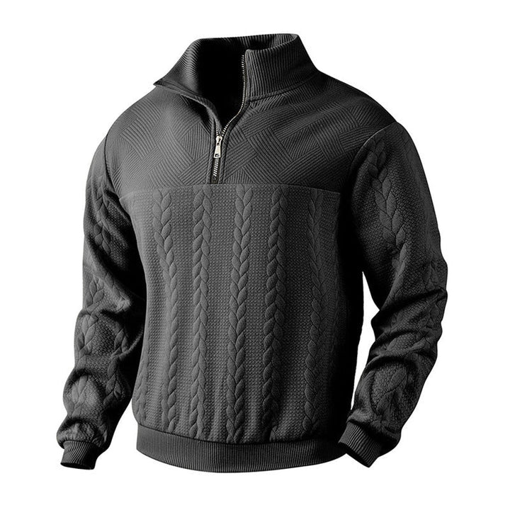Herren Strickpullover Zopfmuster Viertelreißverschluss Pullover - Schwarz