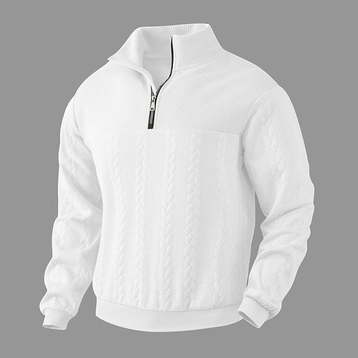 Herren Strickpullover Zopfmuster Viertelreißverschluss Pullover - Weiß