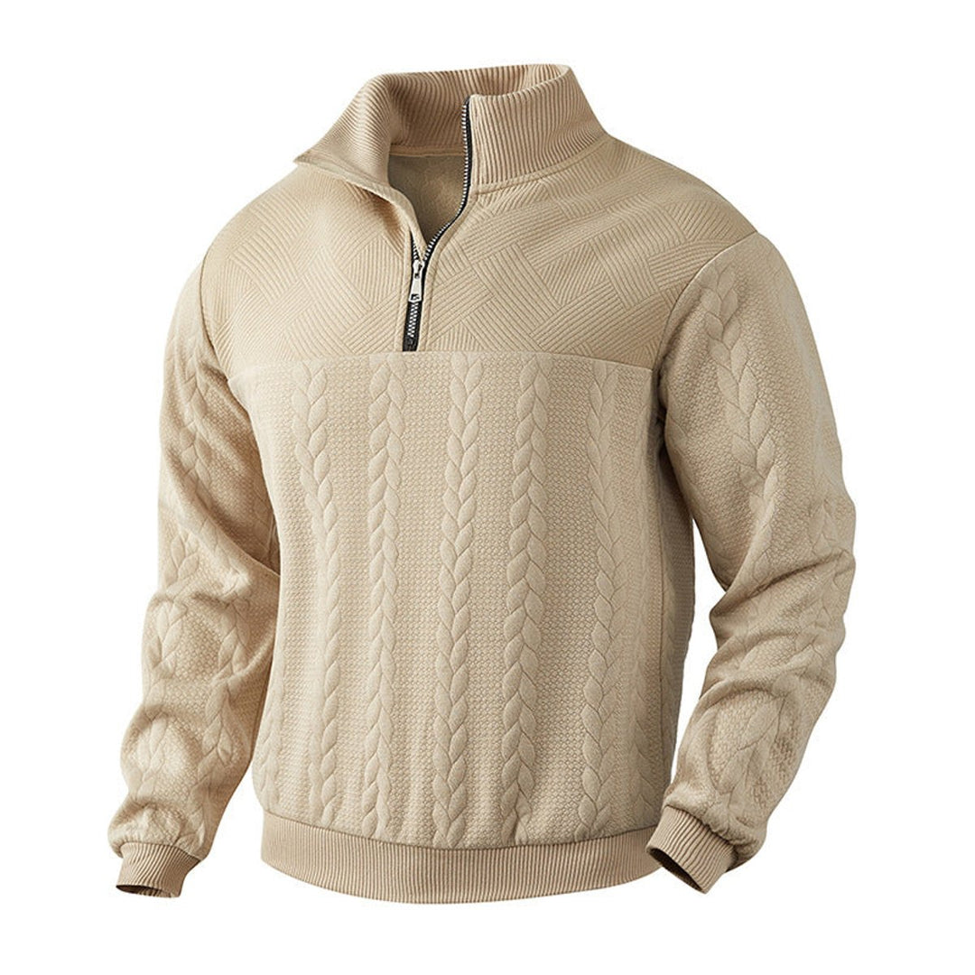 Herren Strickpullover Zopfmuster Viertelreißverschluss Pullover - Beige