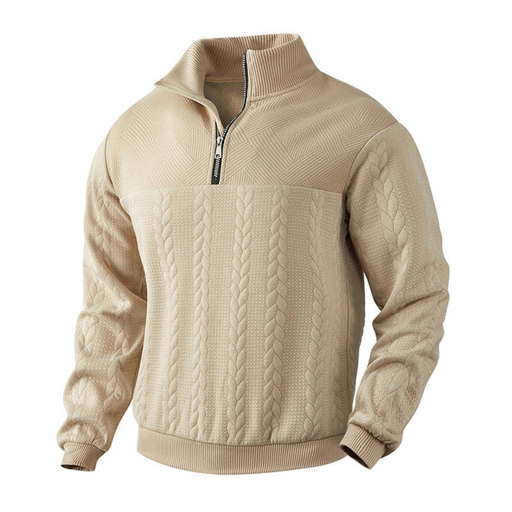 Herren Strickpullover Zopfmuster Viertelreißverschluss Pullover - Beige