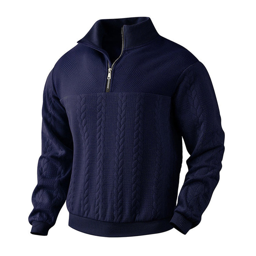 Herren Strickpullover Zopfmuster Viertelreißverschluss Pullover - Marineblau