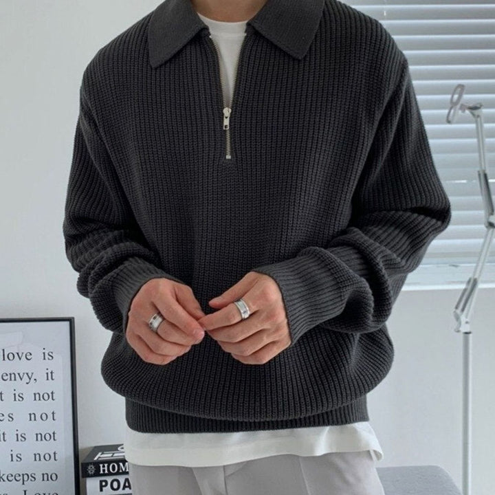 Herren Strukturierter Strickpullover mit langen Ärmeln Halbzip-Kragen - Schwarz