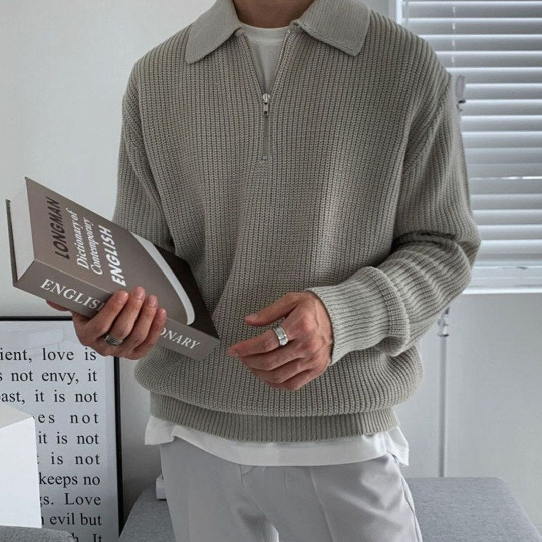 Herren Strukturierter Strickpullover mit langen Ärmeln Halbzip-Kragen - Grau