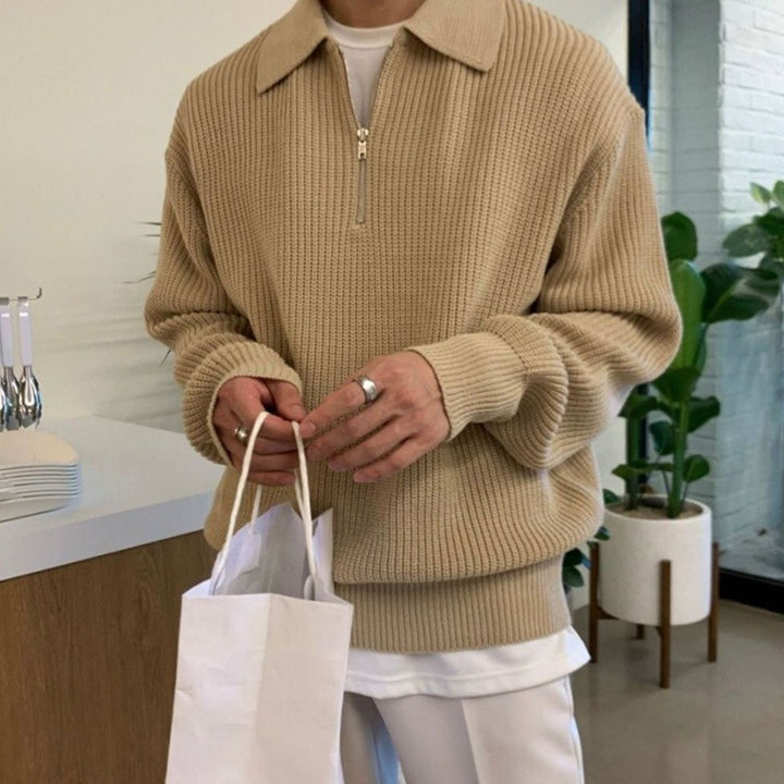 Herren Strukturierter Strickpullover mit langen Ärmeln Halbzip-Kragen - Beige