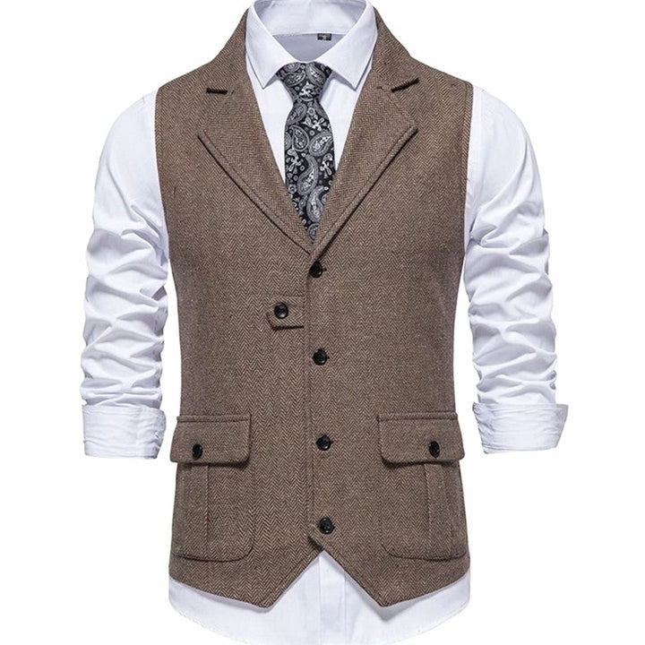 Herren Taillierte Vintage-Weste mit Fischgrätenmuster Reverskragen - Braun