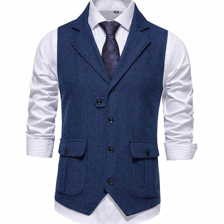 Herren Taillierte Vintage-Weste mit Fischgrätenmuster Reverskragen - Blau