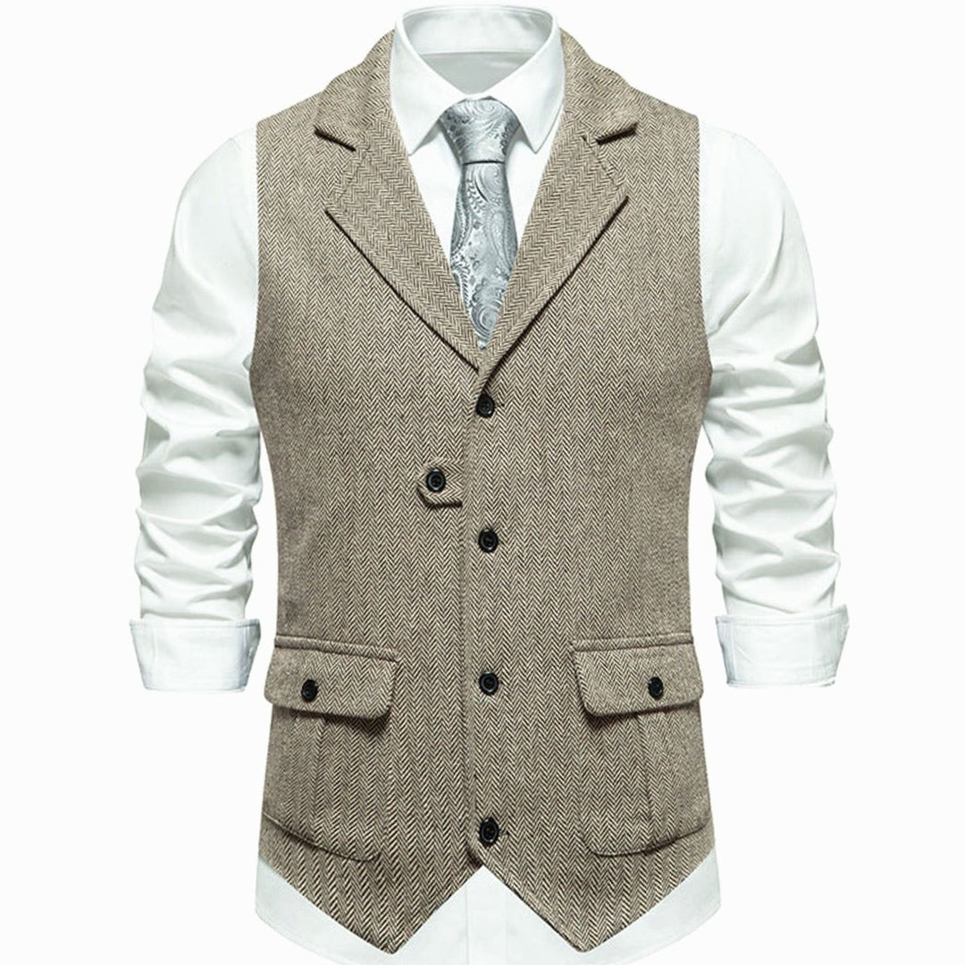 Herren Taillierte Vintage-Weste mit Fischgrätenmuster Reverskragen - Beige