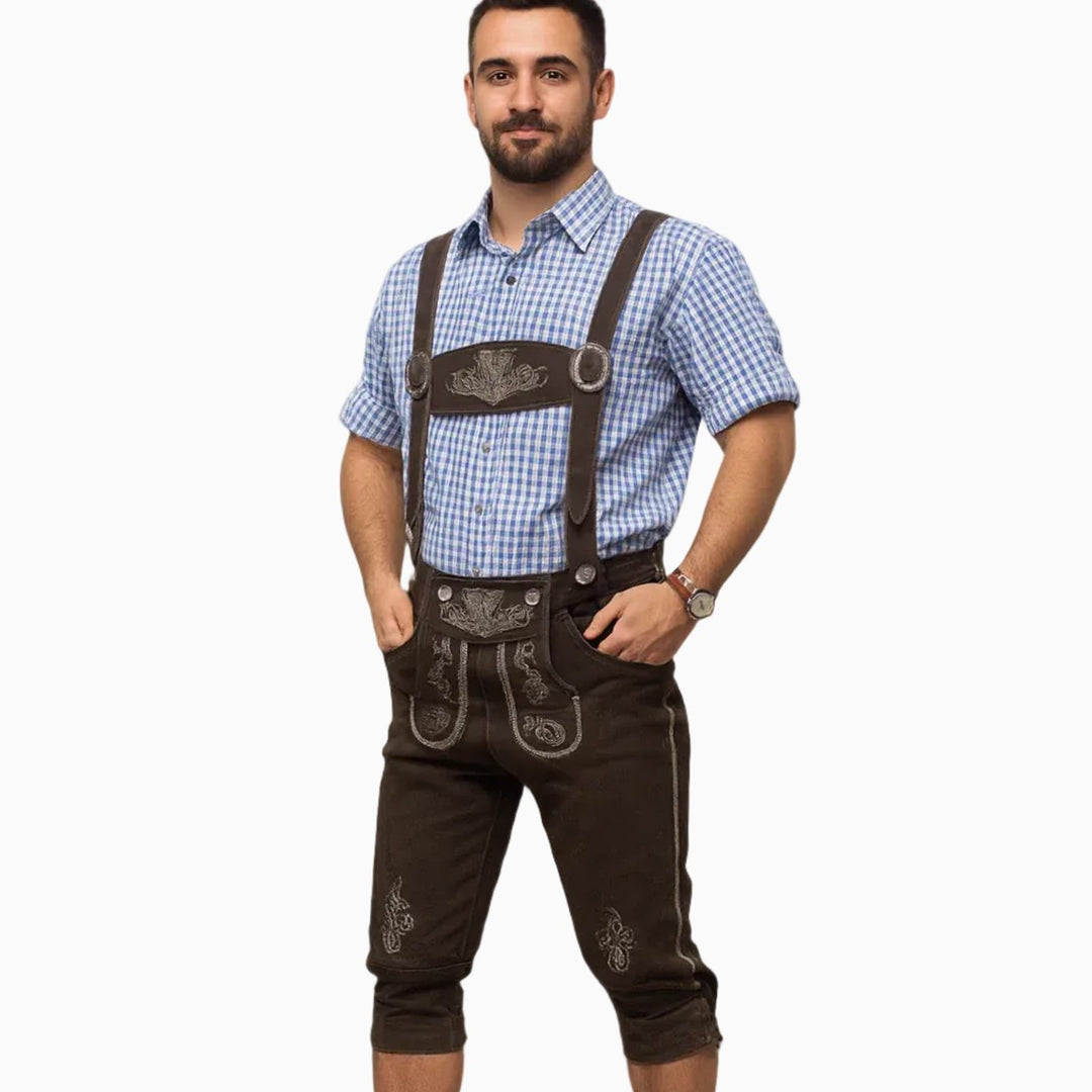 Herren Trachten Kniebundhose mit Hosenträgern und Stickerei - Braun